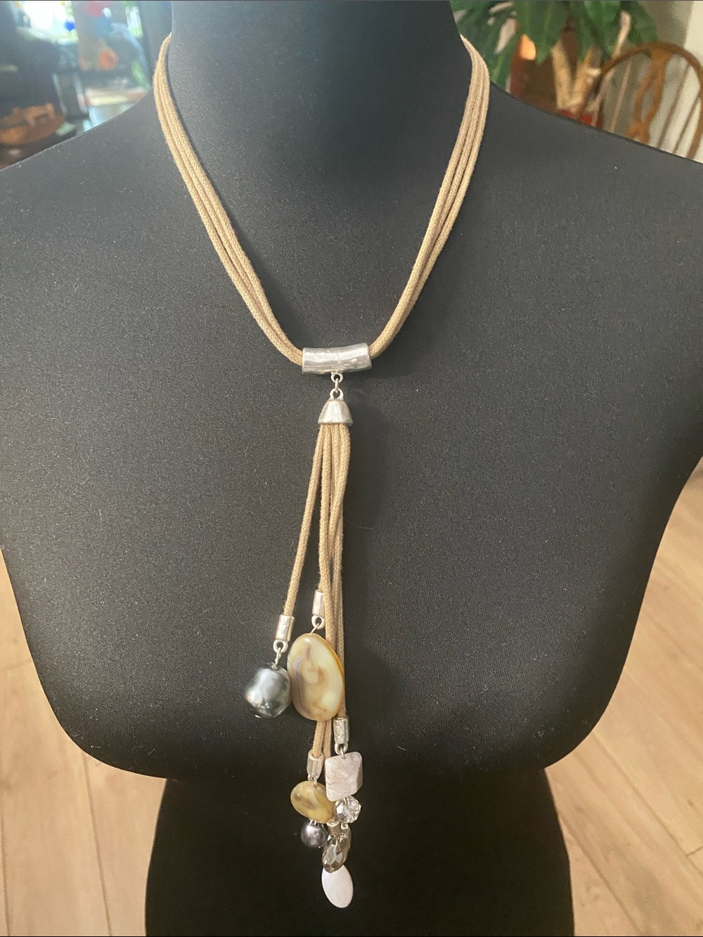 Chico's Beige Tassel Necklace with Mixed Stone and Metallic Accents